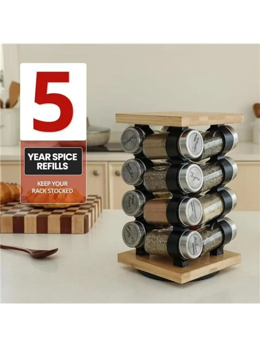 Rotating spice rack with 16 jars pre filled spices countertop organizer carousel